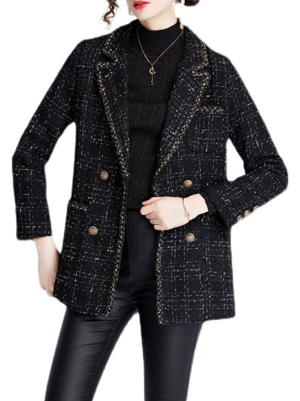 Women's Clothing Outerwear | Women Jackets Turndown Collar Plaid Polyester Long Sleeves Casual Black Blazer Jacket Cozy Active Outerwear - EI97187