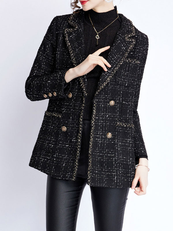 Women's Clothing Outerwear | Women Jackets Turndown Collar Plaid Polyester Long Sleeves Casual Black Blazer Jacket Cozy Active Outerwear - EI97187