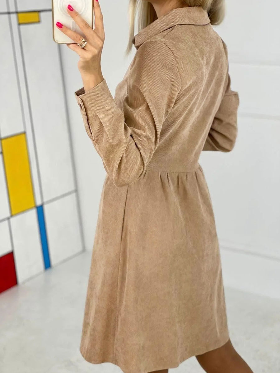 Women's Clothing Dresses | Women Shirt Dress Polyester Turndown Collar Long Sleeves Khaki Midi Dress - QS83192