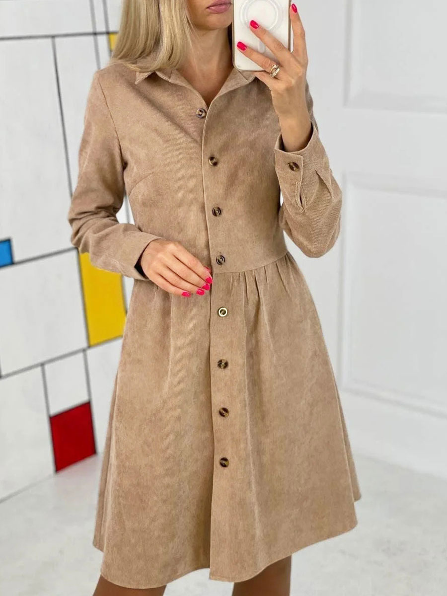 Women's Clothing Dresses | Women Shirt Dress Polyester Turndown Collar Long Sleeves Khaki Midi Dress - QS83192