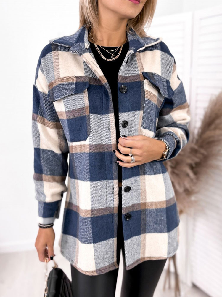 Women's Clothing Outerwear | Woman Short Coat Apricot Turndown Collar Long Sleeves Casual Wrap Plaid Shacket - UU76001