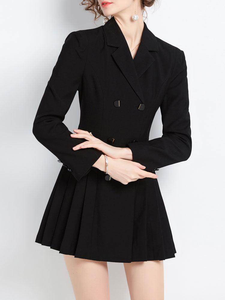 Women's Clothing Dresses | Black Shirt Dresses Turndown Collar Long Sleeves Polyester Blazer Midi Dress - KC52960