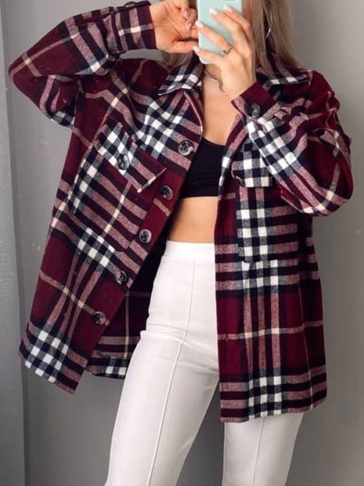 Women's Clothing Outerwear | Burgundy Blazer For Women Stylish Turndown Collar Long Sleeves Plaid Shacket - EO99644