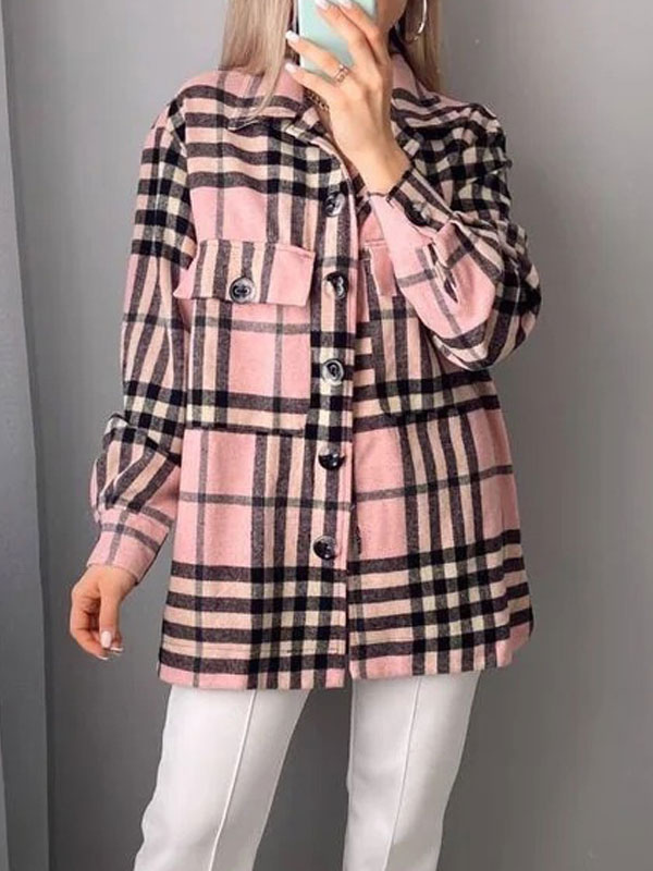Women's Clothing Outerwear | Burgundy Blazer For Women Stylish Turndown Collar Long Sleeves Plaid Shacket - EO99644