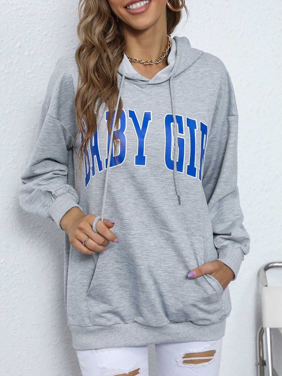 Women's Clothing Outerwear | Light Grey Hoodie For Women Long Sleeves Letters Print Piping Polyester Hooded Sweatshirt Cozy Active Outerwear - SG69595