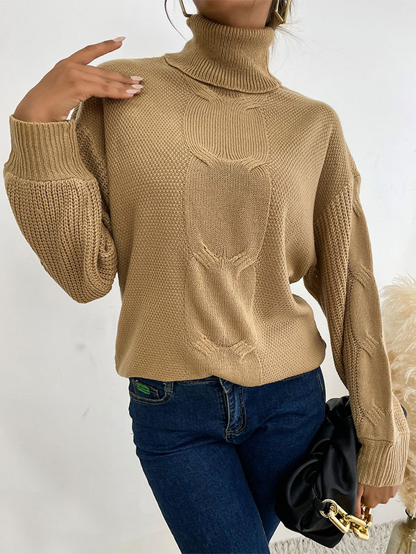 Women's Clothing Sweaters & Cardigans | Khaki Pullover Sweater For Women Piping High Collar Long Sleeves Oversized Polyester Swe