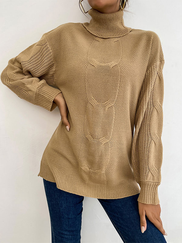 Women's Clothing Sweaters & Cardigans | Khaki Pullover Sweater For Women Piping High Collar Long Sleeves Oversized Polyester Swe