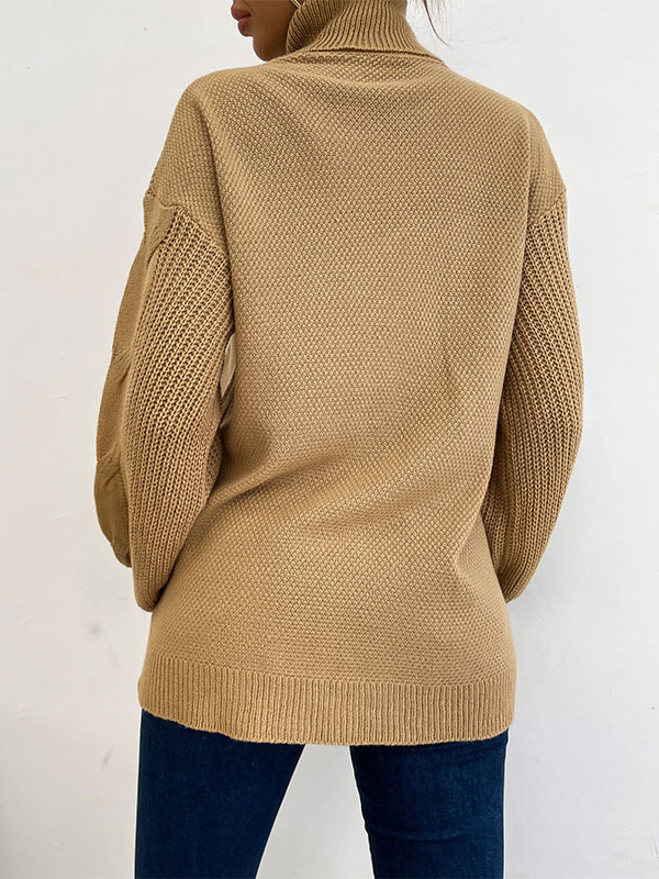 Women's Clothing Sweaters & Cardigans | Khaki Pullover Sweater For Women Piping High Collar Long Sleeves Oversized Polyester Swe