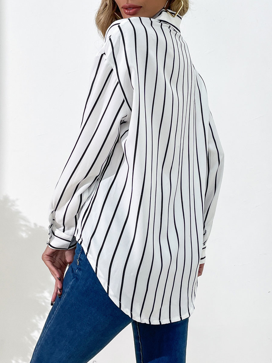 Mode Femme Tops | Blouse Chemisier Imprimé Rayures Femme à Col Revers avec Manches Longues avec Boutons Bicolores - NV87736