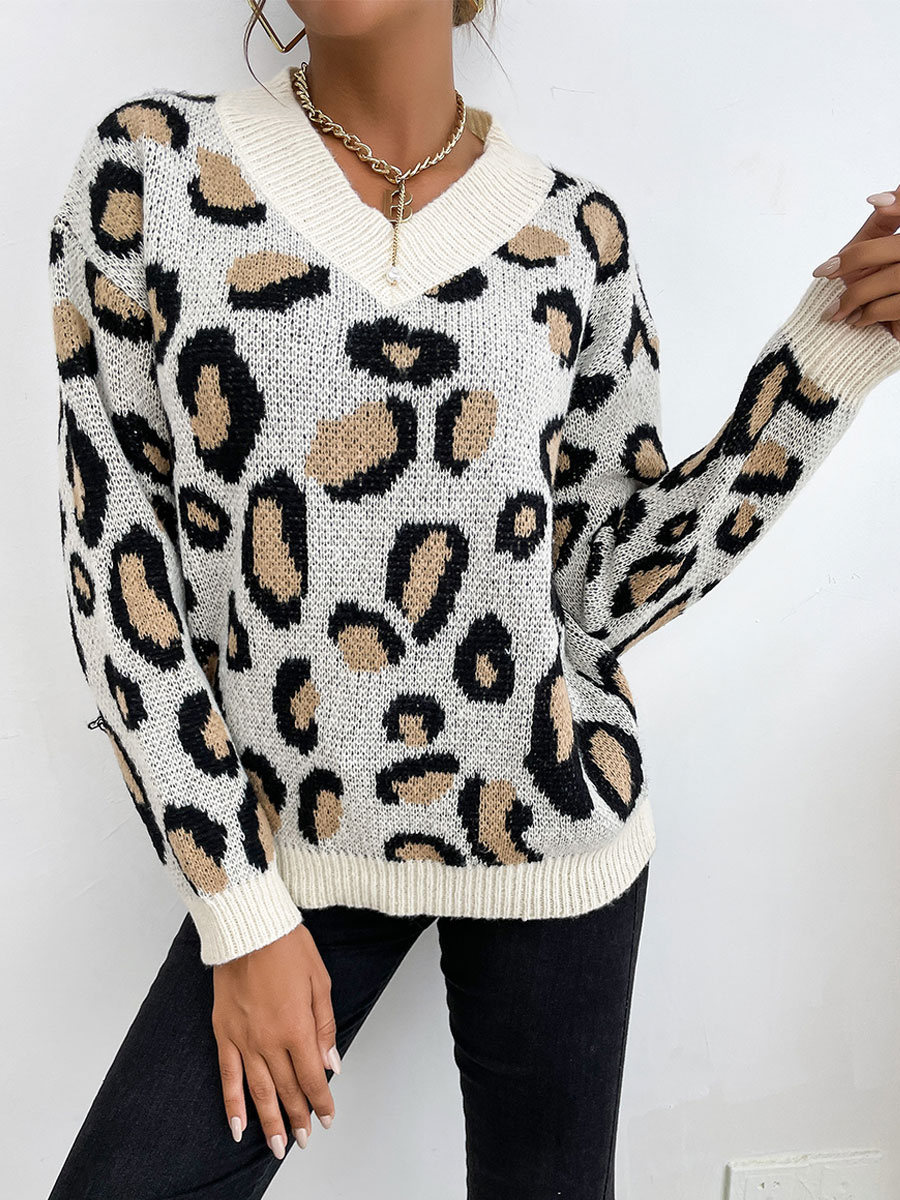 Women's Clothing Sweaters & Cardigans | Women Pullover Sweater Khaki Piping Printed V-Neck Long Sleeves Stretch Polyester Sweate