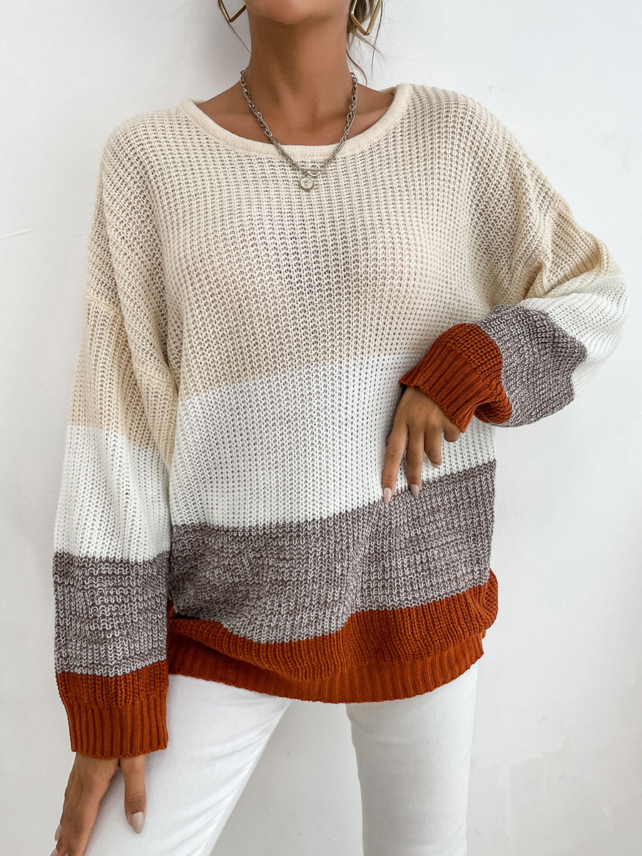 Women's Clothing Sweaters & Cardigans | Women Pullover Sweater Light Apricot Cut Out Color Block Jewel Neck Long Sleeves Stretch