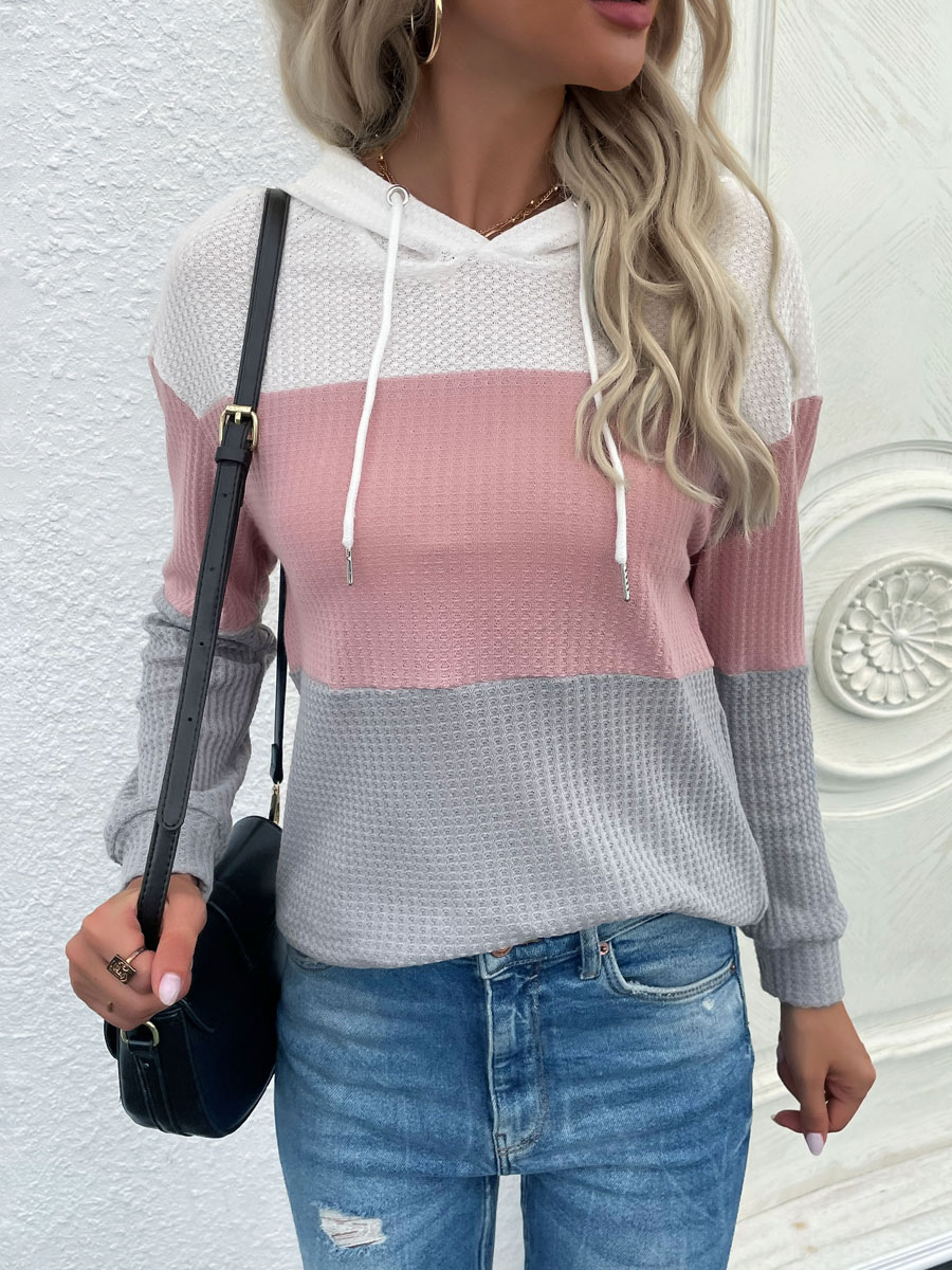 Women's Clothing Outerwear | Hoodie For Woman White Long Sleeves Color Block Piping Polyester Hooded Sweatshirt Cozy Active Outerwear - CC11688