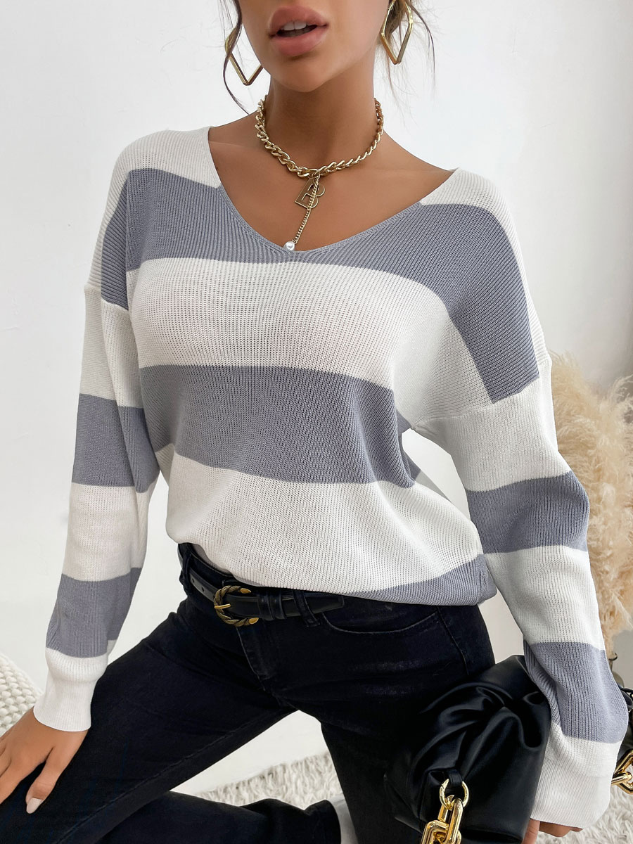 Women's Clothing Sweaters & Cardigans | Women Pullover Sweater Light Gray Piping Two Tone V Neck Long Sleeves Stretch Polyester 