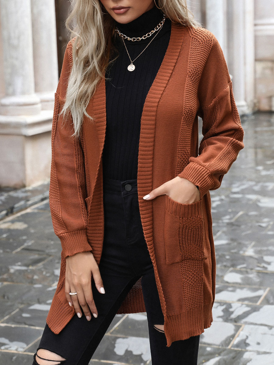 Women's Clothing Sweaters & Cardigans | Sweaters Cardigans Coffee Brown Polyester Pockets Long Sleeves V-Neck Oversized Cardigan