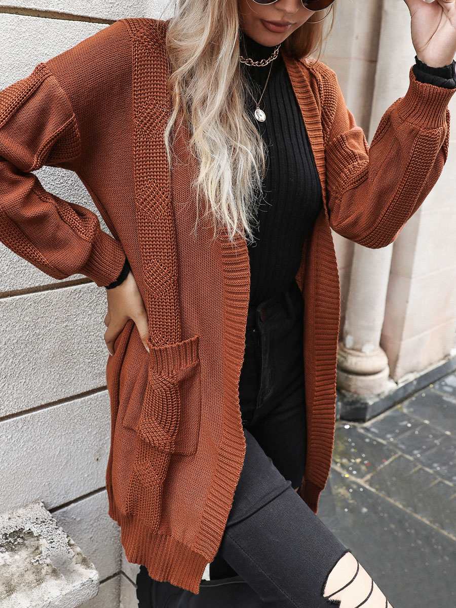 Women's Clothing Sweaters & Cardigans | Sweaters Cardigans Coffee Brown Polyester Pockets Long Sleeves V-Neck Oversized Cardigan