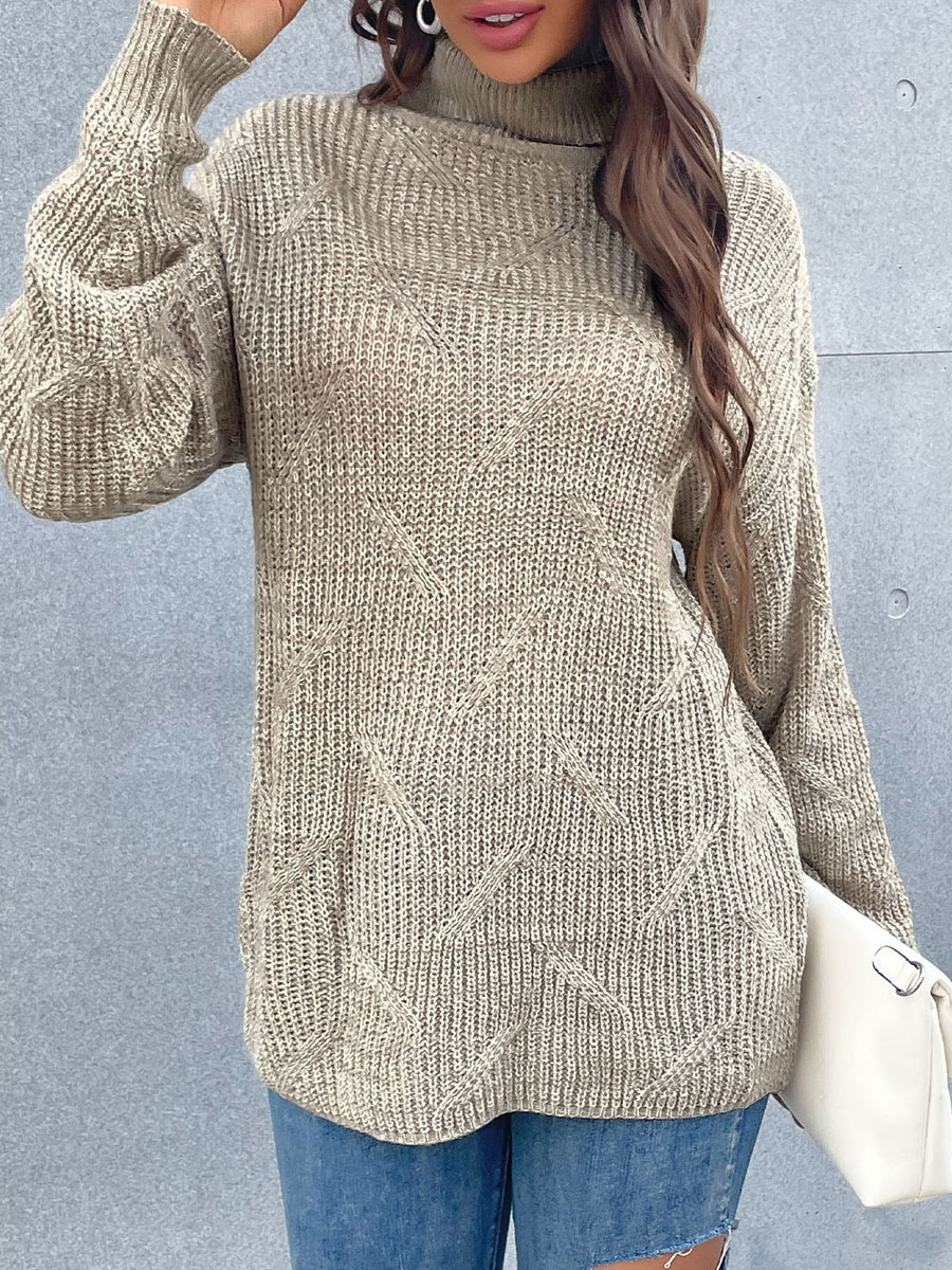 Women's Clothing Sweaters & Cardigans | Women Pullover Sweater Khaki Piping High Collar Long Sleeves Oversized Polyester Sweater