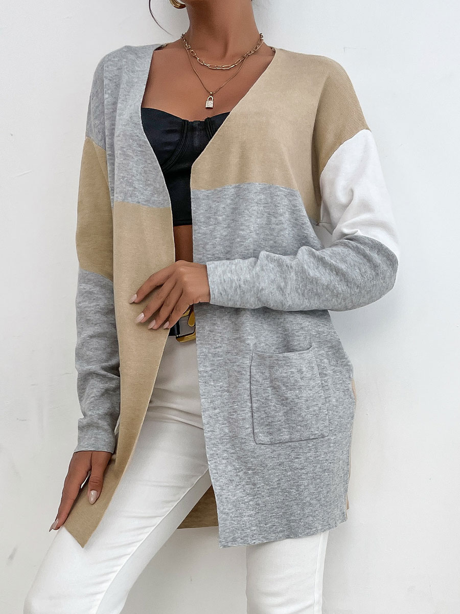 Women's Clothing Sweaters & Cardigans | Sweaters Cardigans Khaki Polyester Color Block Pockets Long Sleeves V-Neck Oversized Car