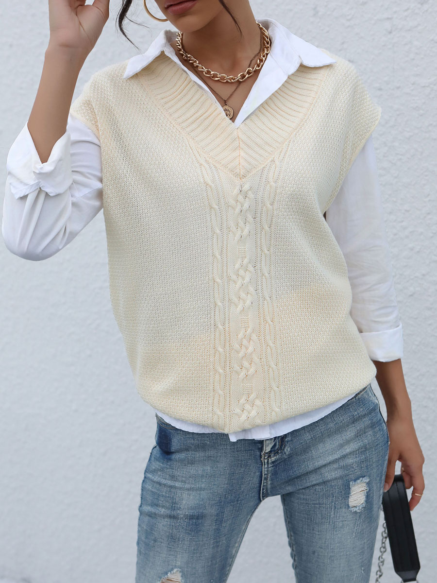 Women's Clothing Sweaters & Cardigans | Pullovers For Women Apricot Piping V Neck Sleeveless Stretch Polyester Sweaters - RS4945