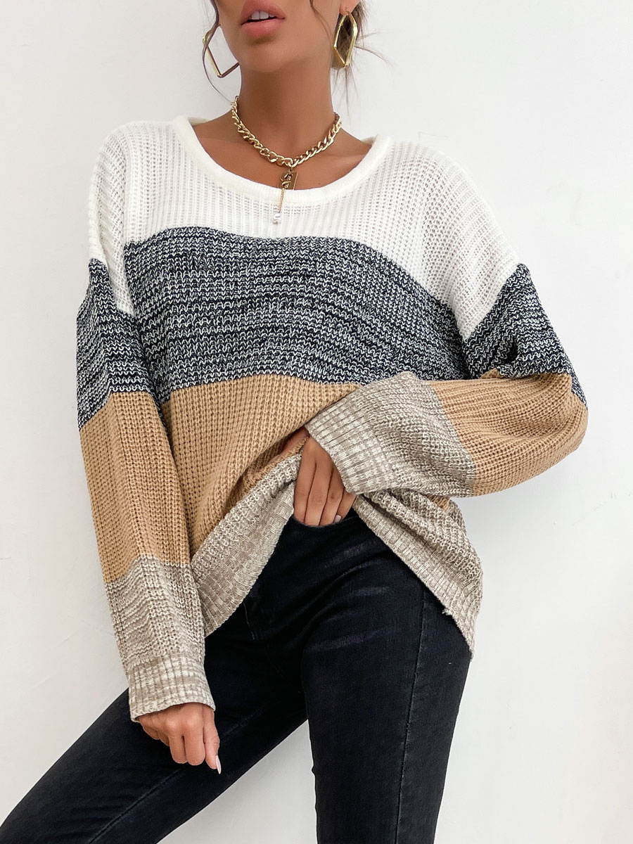 Women's Clothing Sweaters & Cardigans | Pullovers For Women Khaki Piping Color Block Jewel Neck Long Sleeves Oversized Polyester