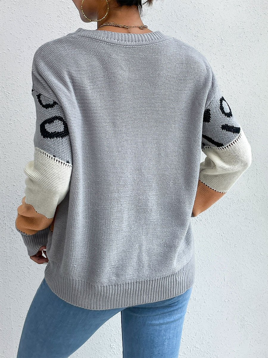 Women's Clothing Sweaters & Cardigans | Pullovers For Women Light Gray Piping Color Block Jewel Neck Long Sleeves Oversized Poly