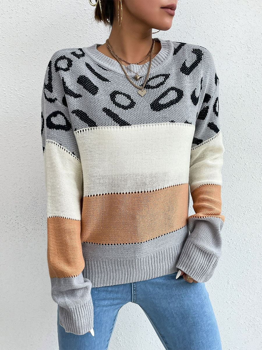 Women's Clothing Sweaters & Cardigans | Pullovers For Women Light Gray Piping Color Block Jewel Neck Long Sleeves Oversized Poly