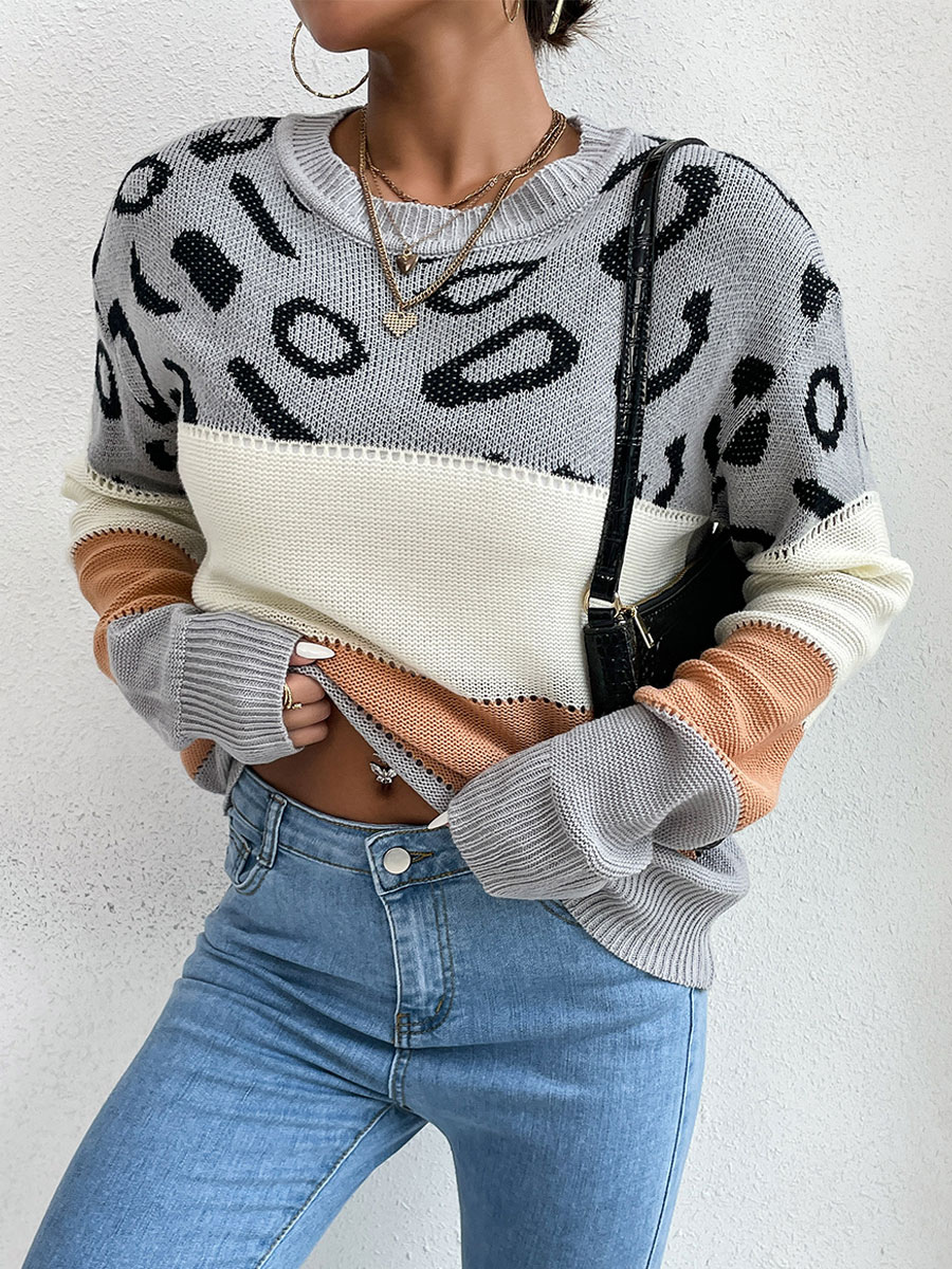 Women's Clothing Sweaters & Cardigans | Pullovers For Women Light Gray Piping Color Block Jewel Neck Long Sleeves Oversized Poly