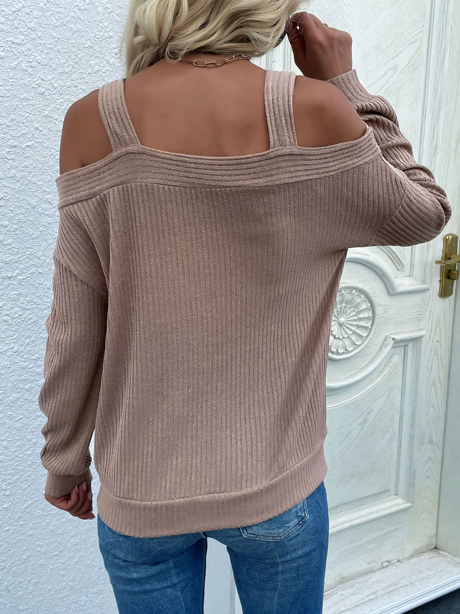 Women's Clothing Sweaters & Cardigans | Pullovers For Women Khaki Piping Color Block Bateau Neck Long Sleeves Oversized Polyeste