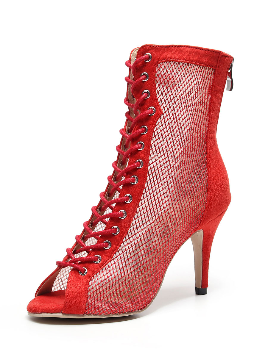 Zapatos de Mujer | Botines de mujer Cremallera Tacón de aguja Peep Toe Mesh Micro Suede Red Summer Boots - LS67666