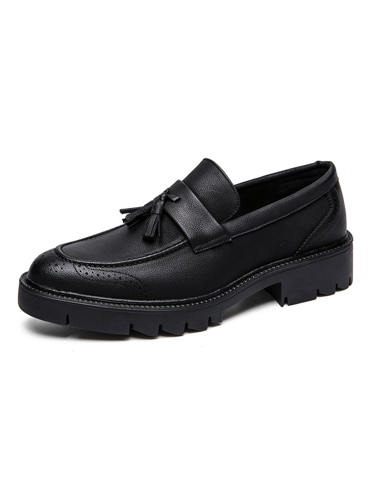 Zapatos de hombre | Zapatos mocasines para hombre, mocasines negros de cuero PU con punta redonda y sin cordones - GZ62608
