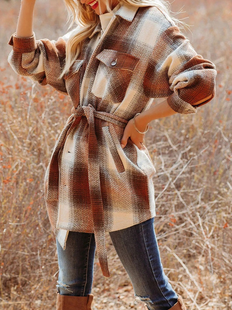 Women's Clothing Outerwear | Orange Red Coat For Woman Turndown Collar Long Sleeves Casual Winter Plaid Shacket - IU00679