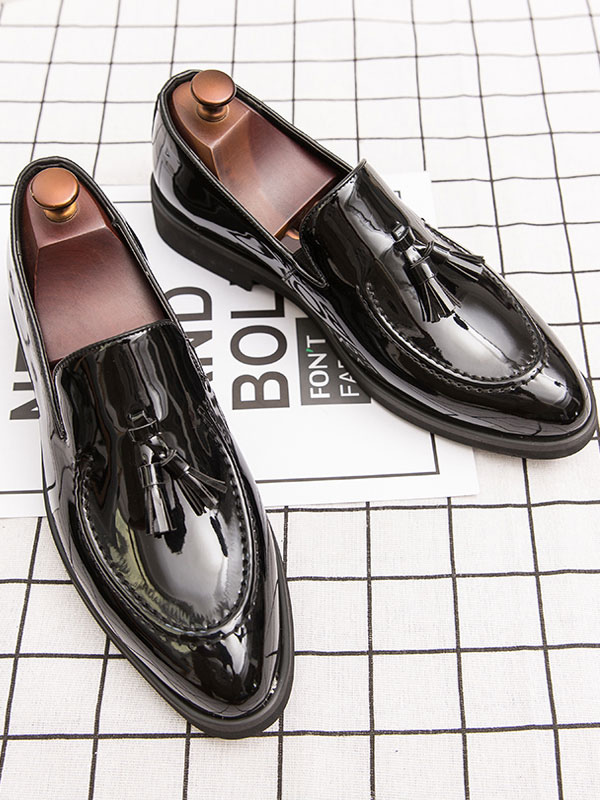 Zapatos de hombre | Zapatos mocasines para hombre, mocasines negros sin cordones con pompones de cuero PU con punta redonda - WU59724