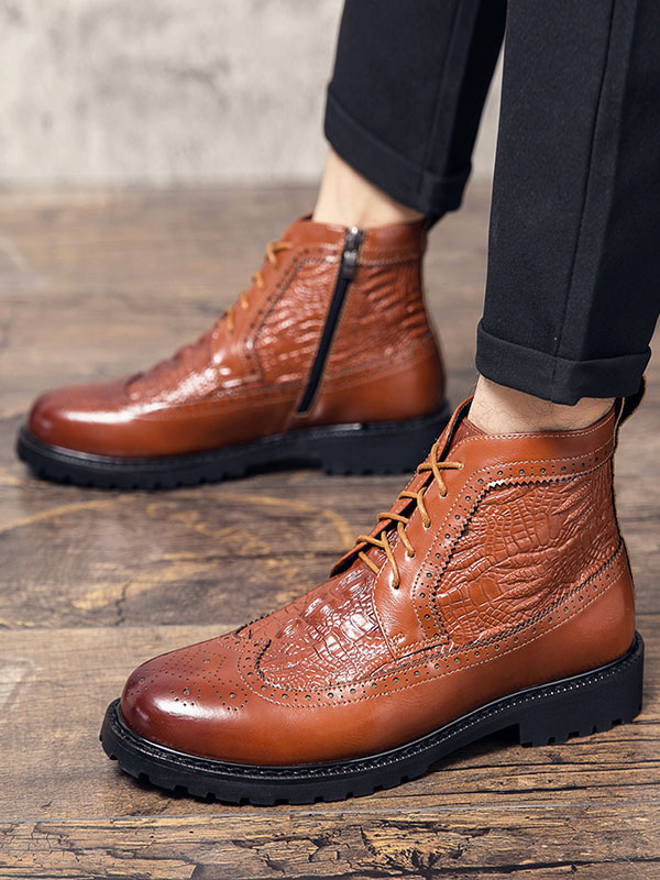 Shoes Men's Shoes | Men Wingtips Lace Up Dress Boots Faux Croc Embossed - FP43881