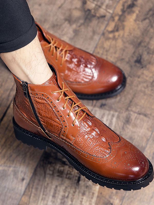 Shoes Men's Shoes | Men Wingtips Lace Up Dress Boots Faux Croc Embossed - FP43881