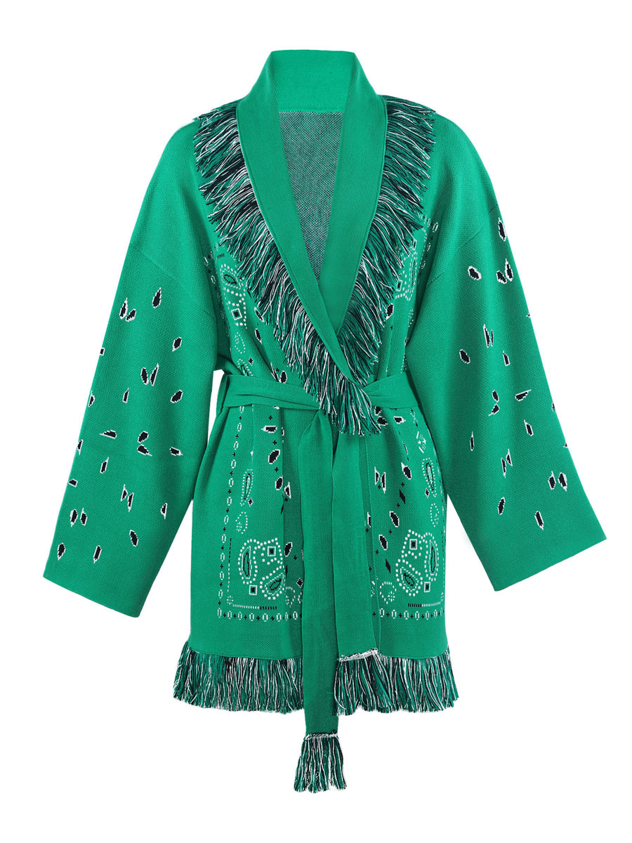 Women's Clothing Sweaters & Cardigans | Sweaters Cardigans Green Polyester Printed Fringe Long Sleeves V-Neck Oversized Cardigan