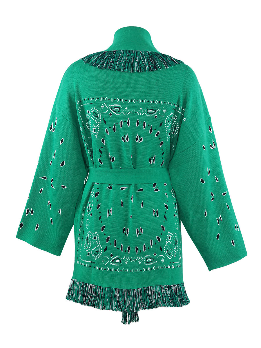 Women's Clothing Sweaters & Cardigans | Sweaters Cardigans Green Polyester Printed Fringe Long Sleeves V-Neck Oversized Cardigan