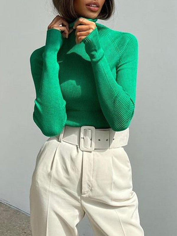 Women's Clothing Sweaters & Cardigans | Women Pullover Sweater Green High Collar Long Sleeves Stretch Polyester Sweaters - JO274