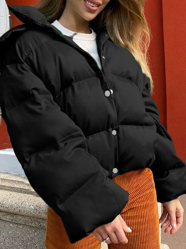 Women's Clothing Outerwear | Puffer Coats Orange Red Warmth Preservation Hooded Buttons Front Button Long Sleeves Removable Outerwear Cozy Active Outerwear - OZ53502