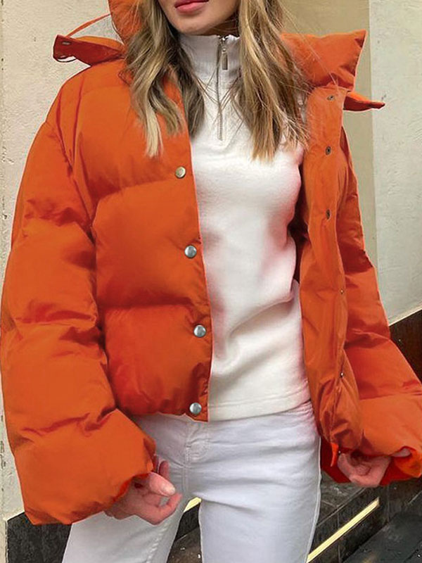 Women's Clothing Outerwear | Puffer Coats Orange Red Warmth Preservation Hooded Buttons Front Button Long Sleeves Removable Outerwear Cozy Active Outerwear - OZ53502