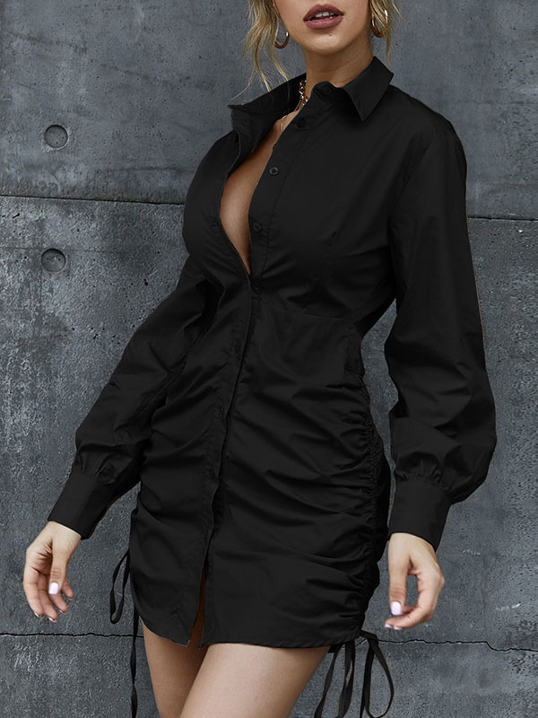 Women's Clothing Dresses | Shirt Dresses White Turndown Collar Buttons Long Sleeves Polyester Drawstring Midi Dress - BO37508