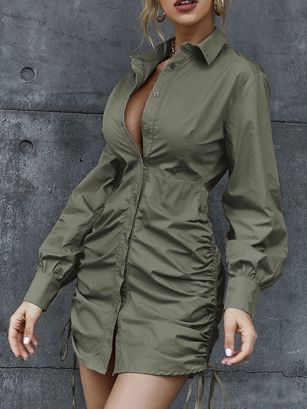 Women's Clothing Dresses | Shirt Dresses White Turndown Collar Buttons Long Sleeves Polyester Drawstring Midi Dress - BO37508