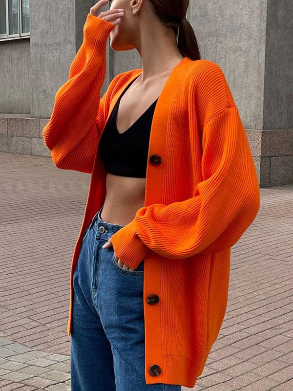 Women's Clothing Sweaters & Cardigans | Sweaters Cardigans Orange Red Polyester Buttons Long Sleeves V-Neck Oversized Cardigans 