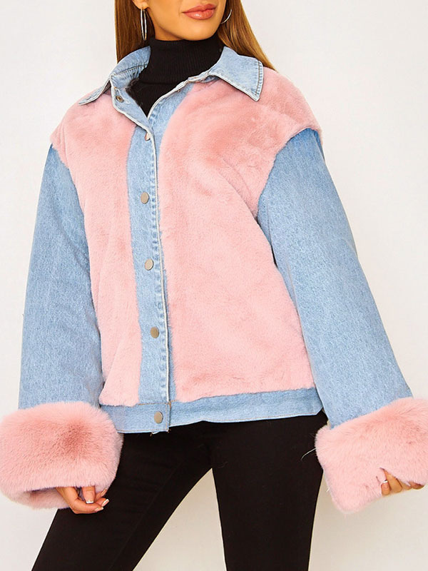 Women's Clothing Outerwear | Faux Fur Coats Long Sleeves Casual Color Block Oversized Turndown Collar Pink Winter Jacket - YE73091