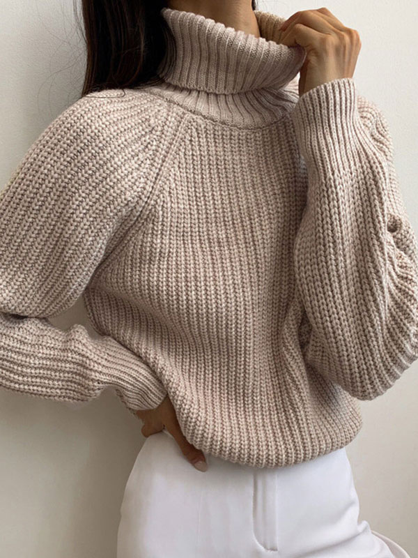 Women's Clothing Sweaters & Cardigans | Pullovers For Women Khaki Piping High Collar Long Sleeves Stretch Polyester Sweaters - U