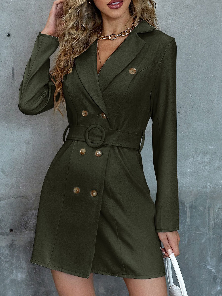 Women's Clothing Dresses | Shirt Dresses Black V-Neck Sash Long Sleeves Buttons Polyester Stretch Midi Dress - AE10605