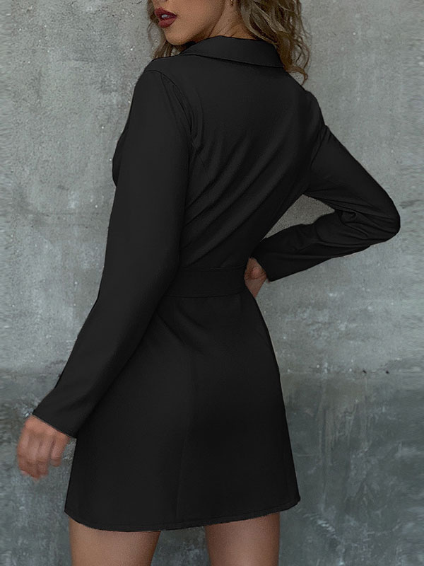 Women's Clothing Dresses | Shirt Dresses Black V-Neck Sash Long Sleeves Buttons Polyester Stretch Midi Dress - AE10605