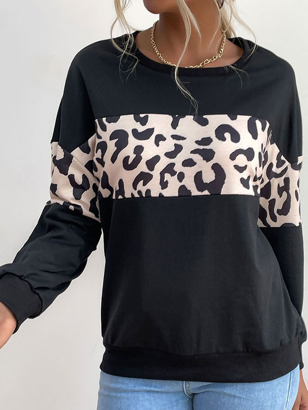 Women's Clothing Tops | Black Blouse For Women Long Sleeves Polyester Two-Tone Stretch Piping Jewel Neck T Shirt - EQ14642