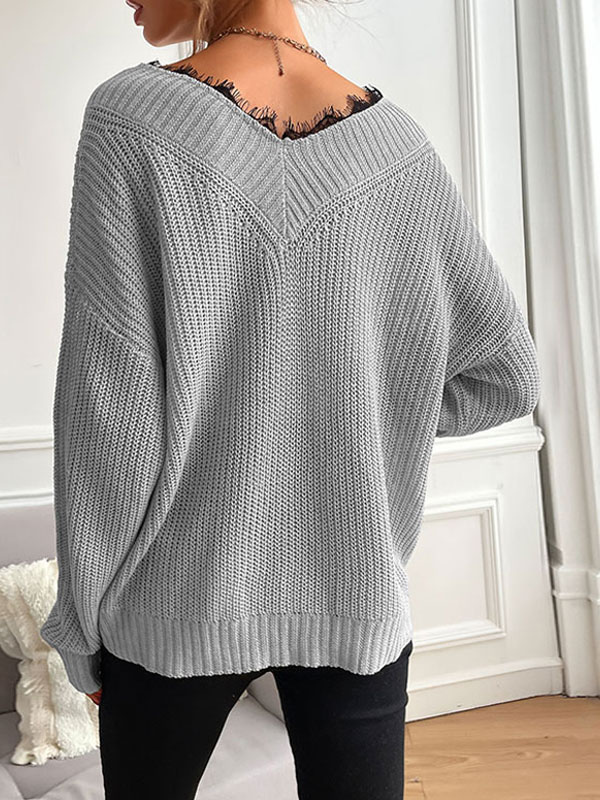 Women's Clothing Sweaters & Cardigans | Pullovers For Women Light Apricot Piping V Neck Long Sleeves Stretch Polyester Sweaters 