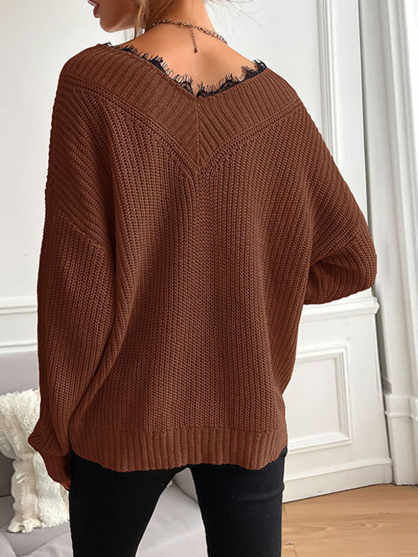 Women's Clothing Sweaters & Cardigans | Pullovers For Women Light Apricot Piping V Neck Long Sleeves Stretch Polyester Sweaters 