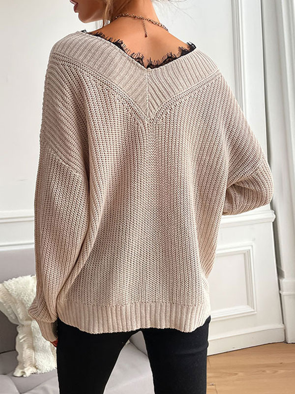 Women's Clothing Sweaters & Cardigans | Pullovers For Women Light Apricot Piping V Neck Long Sleeves Stretch Polyester Sweaters 