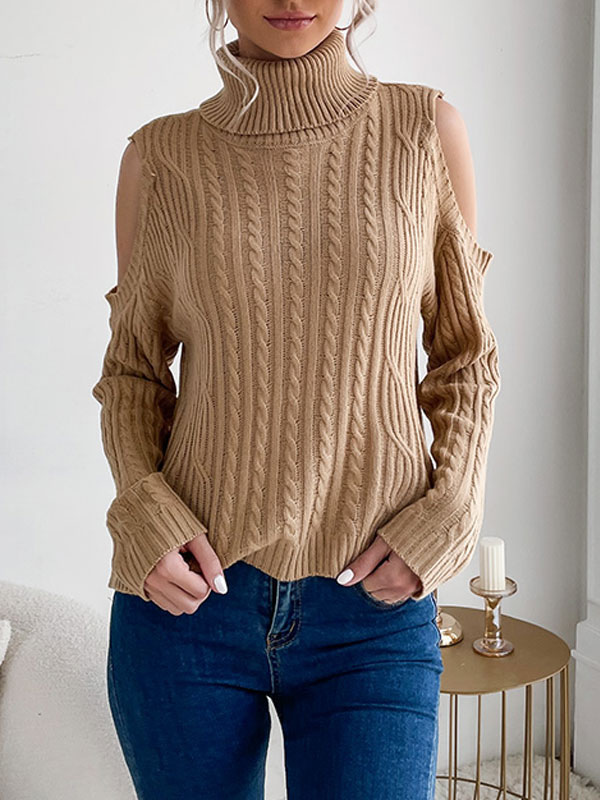 Women's Clothing Sweaters & Cardigans | Women Pullover Sweater Khaki Piping High Collar Long Sleeves Stretch Polyester Sweaters 